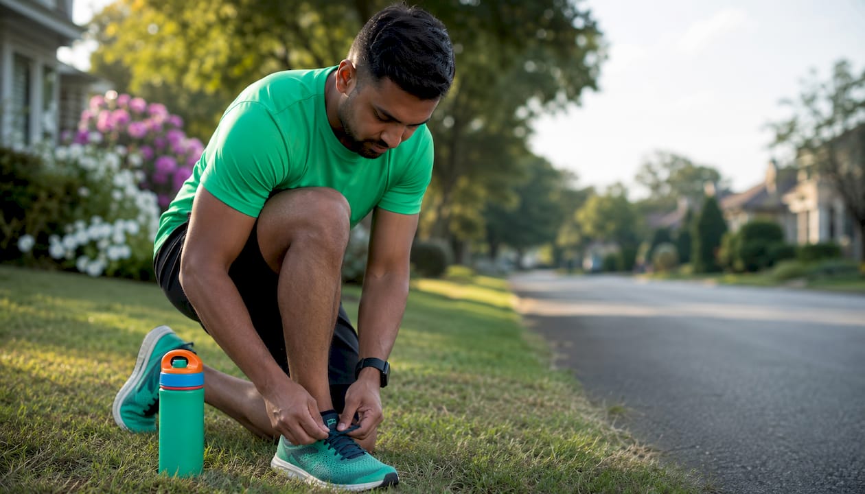 Runner tying shoes outdoors preparing for activity