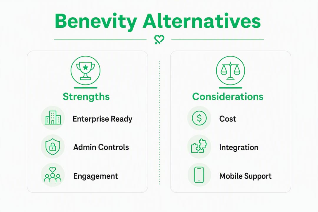 Infographic comparing Benevity alternatives strengths and considerations