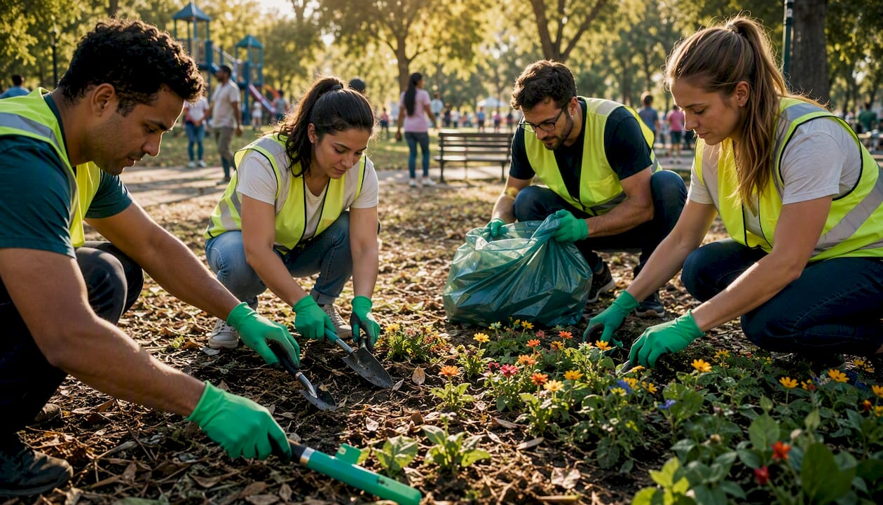 Volunteers planting flowers and picking litter