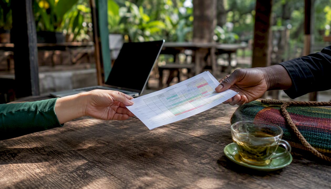 Hands exchanging wellness platform scorecard