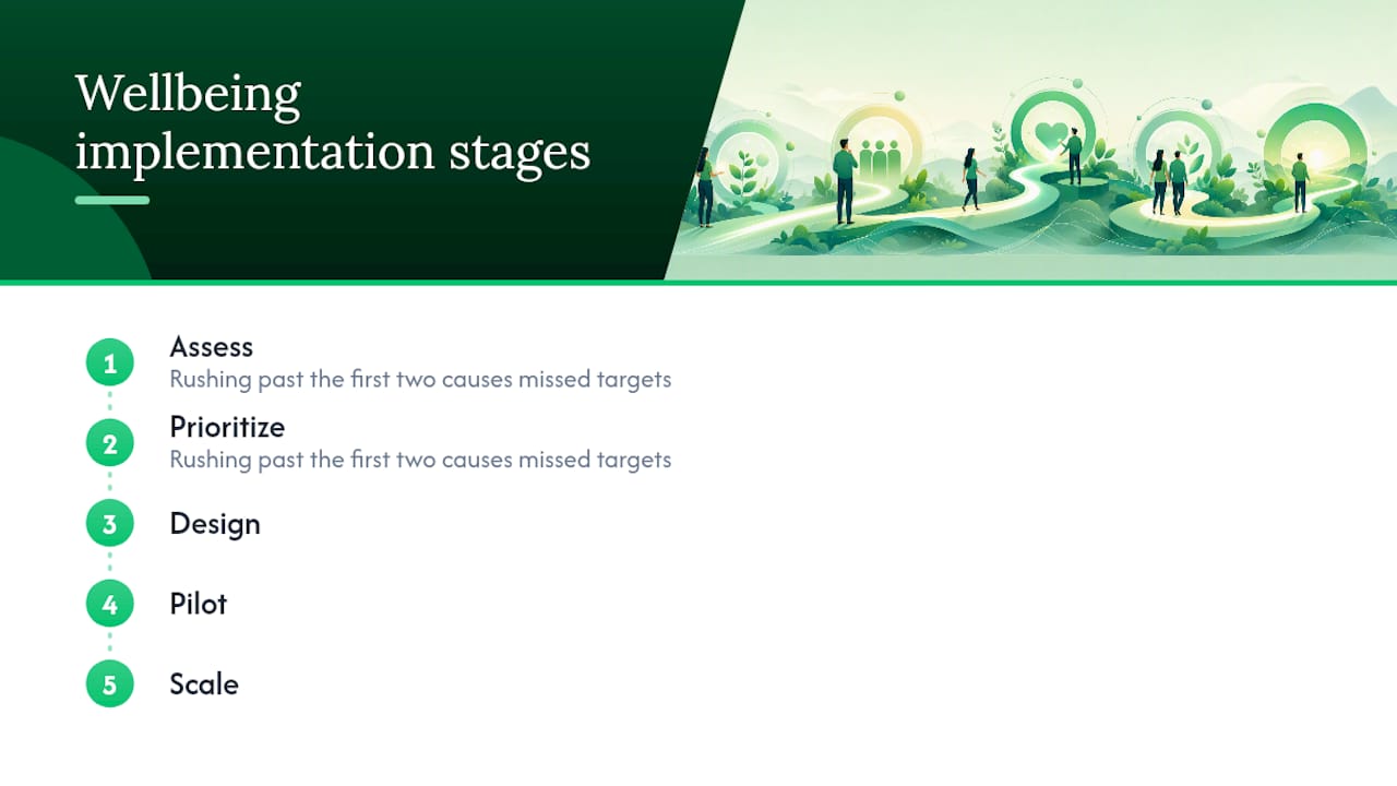 Diagram showing five implementation stages of wellbeing strategy