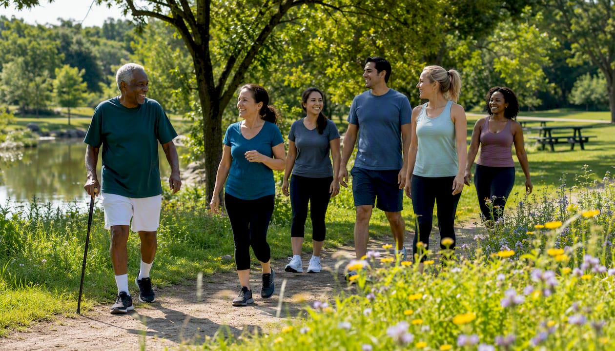 Diverse participants walking inclusively outdoors