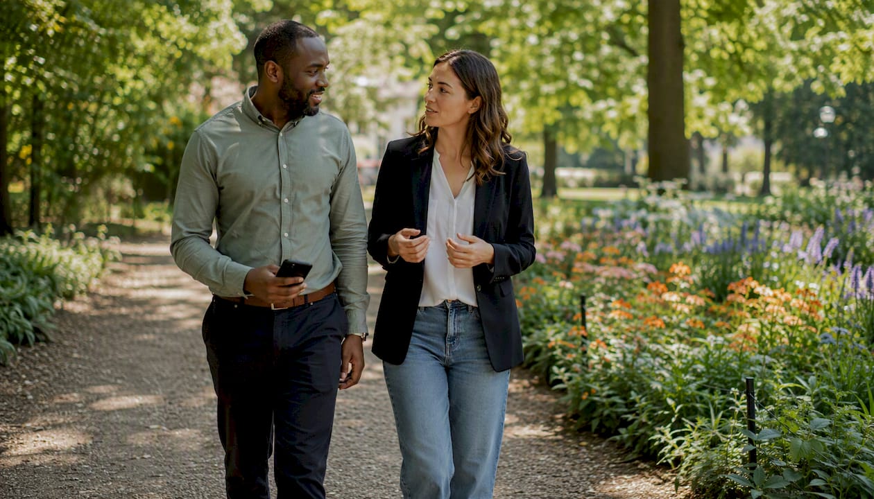 Two colleagues walking outdoors with smartphone off