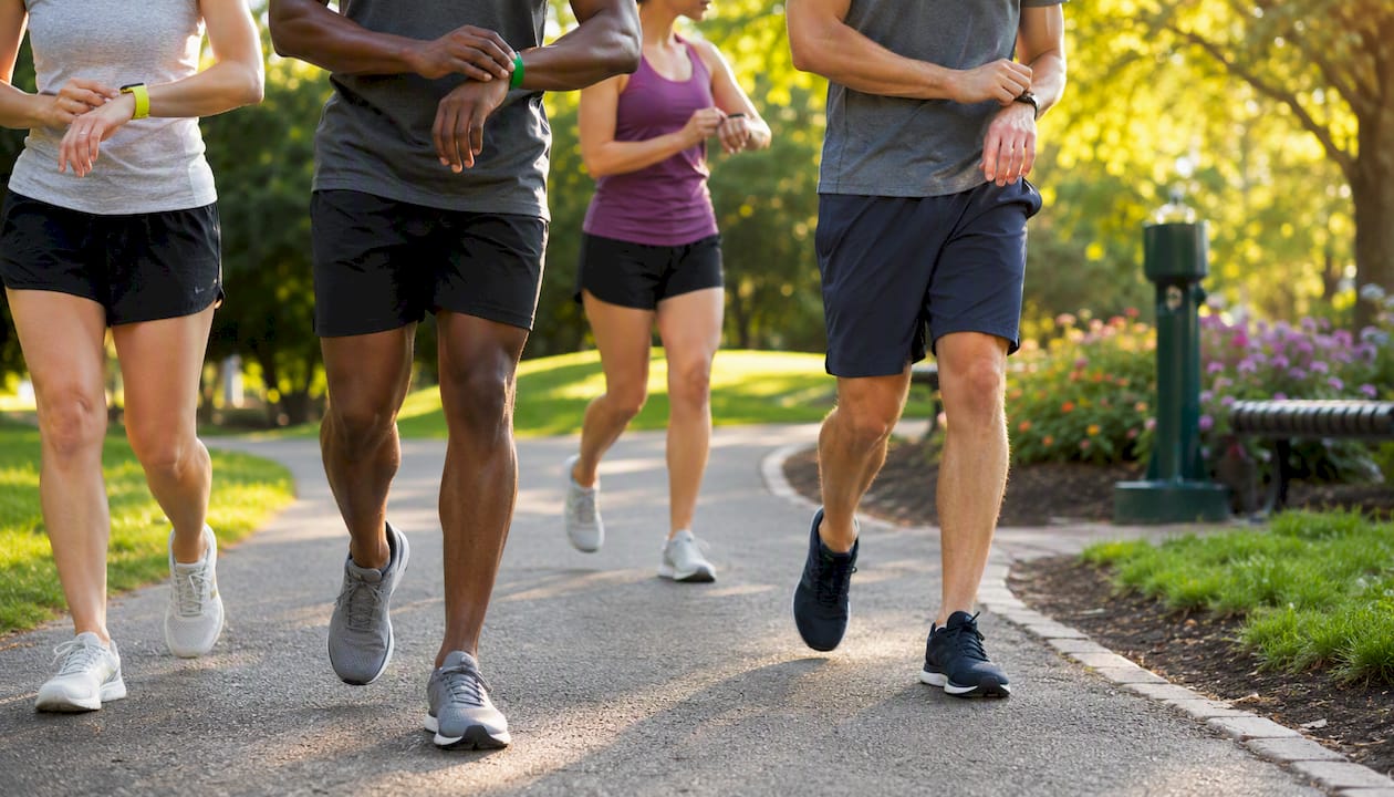 Corporate team jogging with fitness bands outdoors