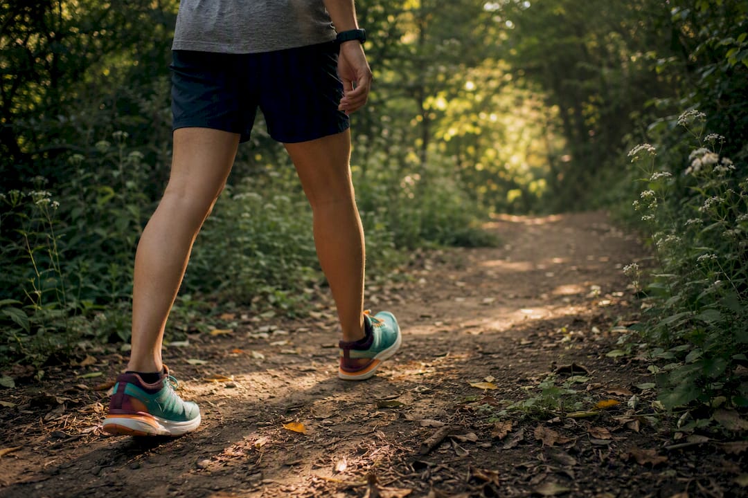 Runner's legs mid-stride on nature trail