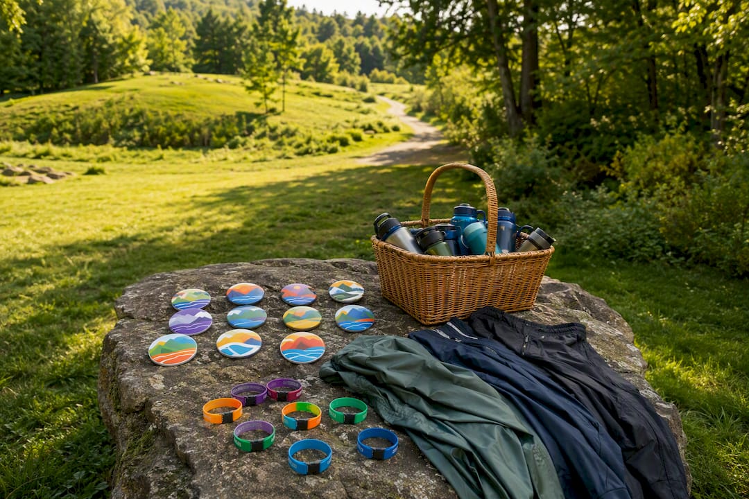 Walking challenge badges and gear on table
