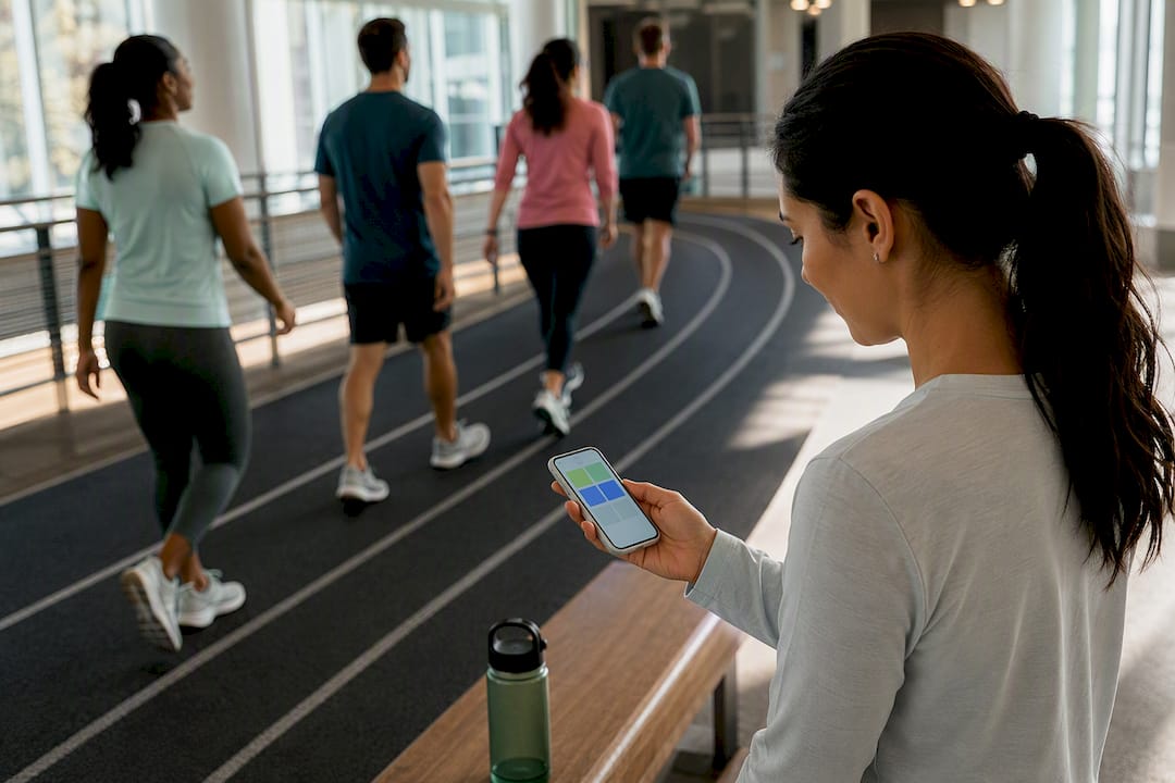 Coworker checking activity during charity walk