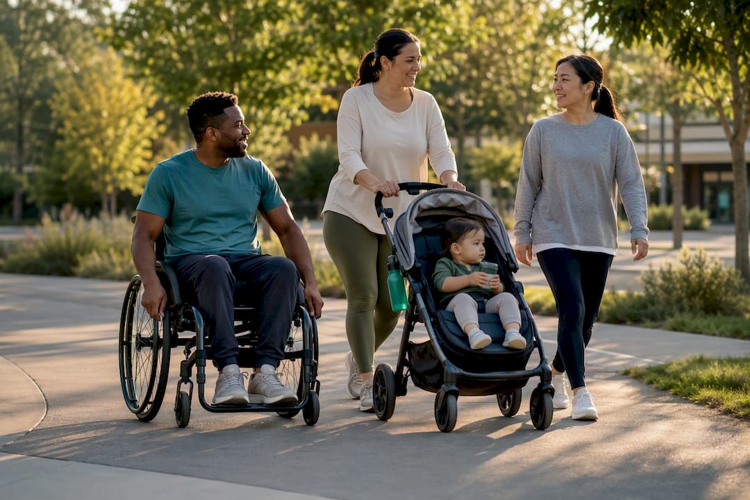 Mixed-ability participants moving together outdoors