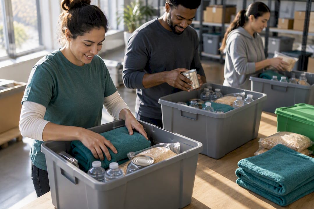 Volunteers organizing local relief supplies