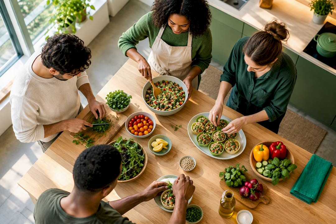Coworkers preparing food for a charity challenge